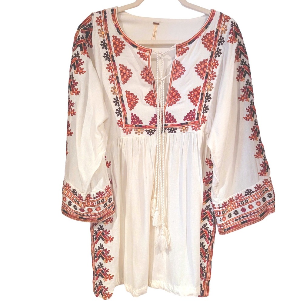 Free‎ People Embroidered Tunic Blouse Top Ivory Red Orange Black Boho Festival S